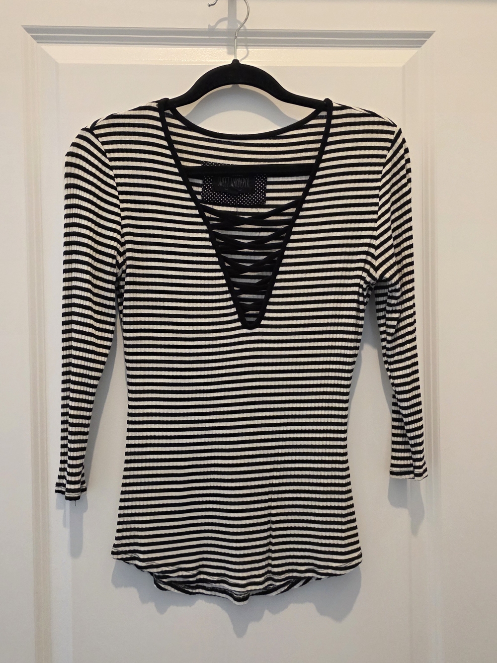 Striped Black & White Crisscross V-Neck Women's Top